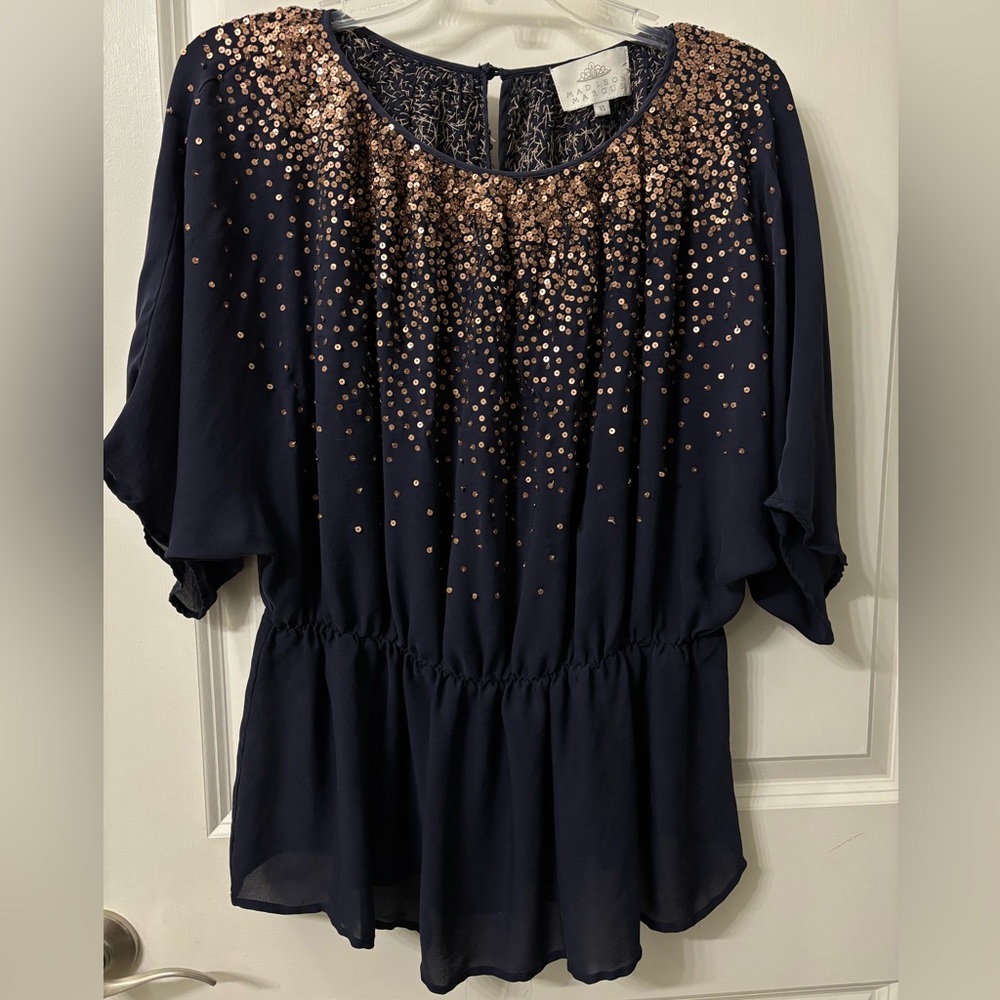 Madison Marcus Silk Dolman sleeve navy with rose gold sequins size XS